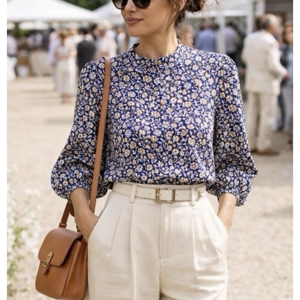 J.McLaughlin Sherry Blouse M Navy Floral Silk Blend Cottagecore Boho Coastal